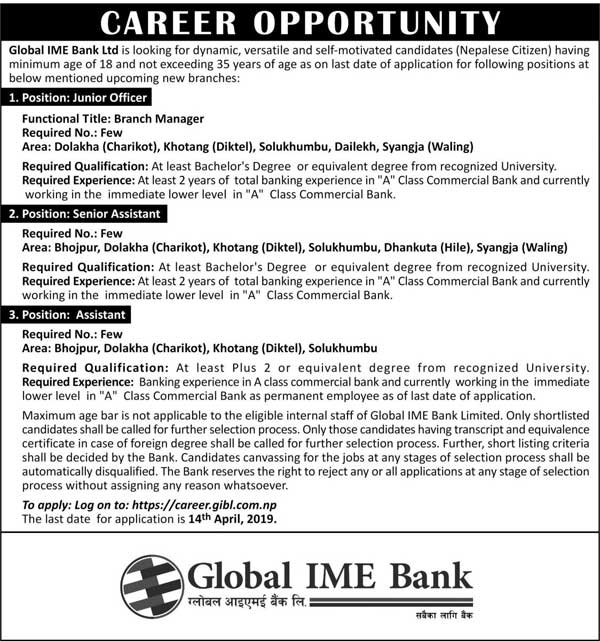 Global IME Bank Vacancy for Junior Officer and Assistant Level