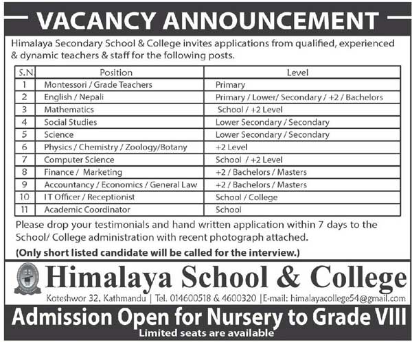 Himalaya Secondary School and College Vacancy