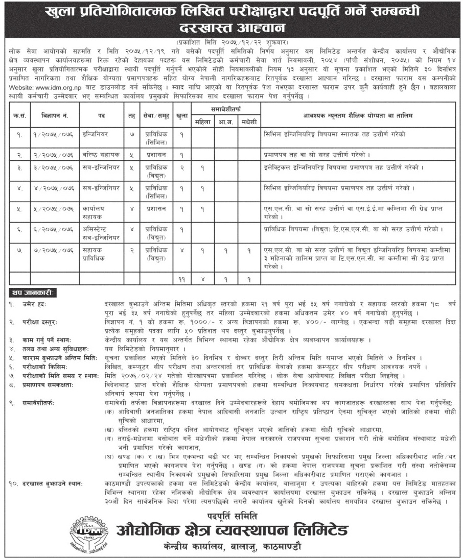 Industrial Area Management Limited Vacancy