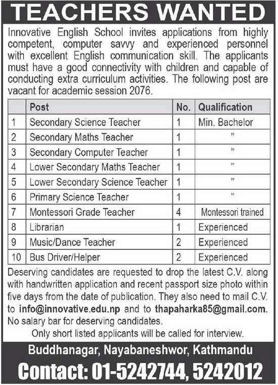 Innovative English School Vacancy for Teachers