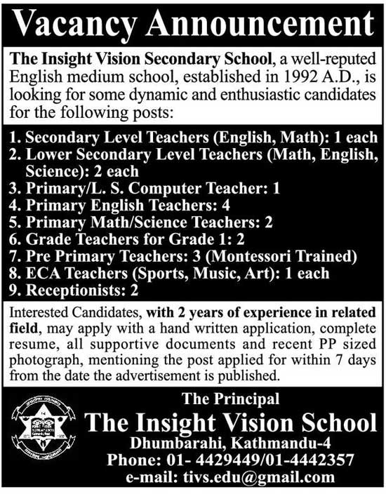 Insight Vision Secondary School Vacancy for Teachers