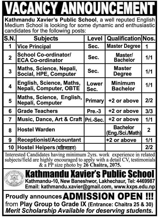 Kathmandu Xaviers Public School Job Vacancy