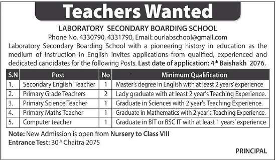 Laboratory Secondary School Vacancy for Teachers