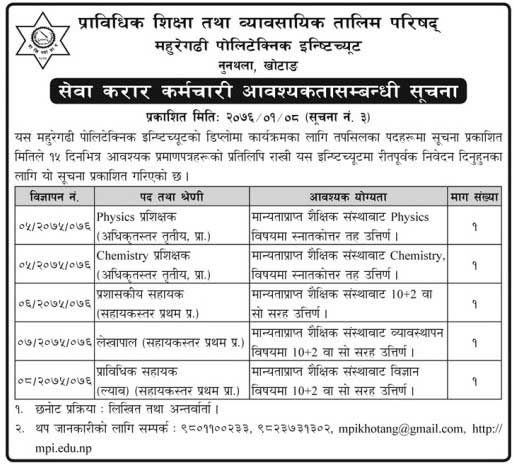 Mahuregadhi Polytechnic Institute Vacancy