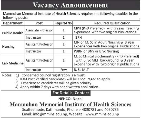 Manmohan Memorial Institute of Health Sciences Vacancy