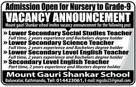 Mount Gauri Shankar school Vacancy for Teachers