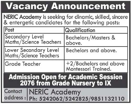 NERIC Academy Vacancy for Teachers