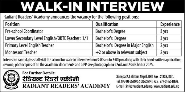 Radiant Readers Academy Vacancy for Teachers