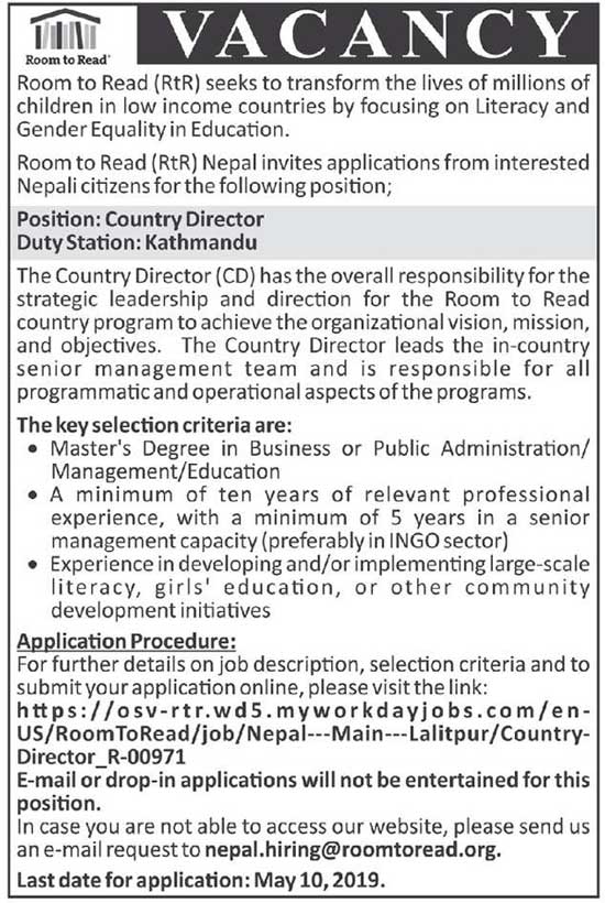 Room to Read Vacancy For Country Director