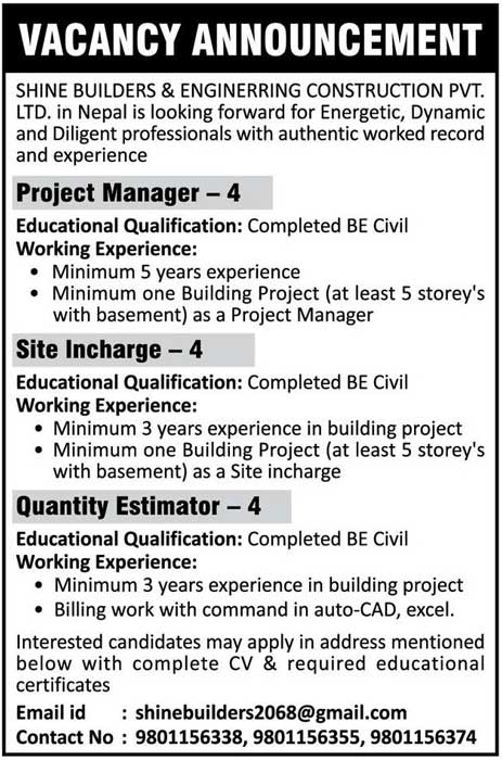 Shine Builders and Engineering Construction Vacancy