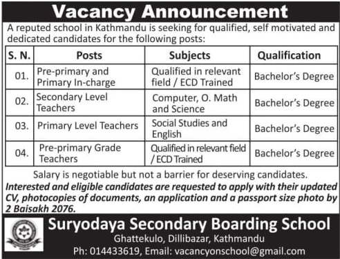 Suryodaya Secondary Boarding School Vacancy