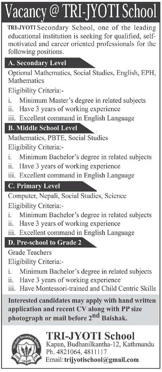 Tri-Jyoti Secondary School Vacancy for Teachers