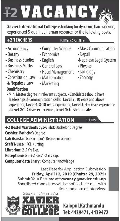 Xavier International College Vacancy for Teachers and Staffs