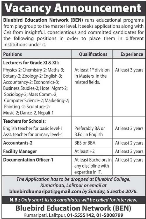 Bluebird Education Network Vacancy