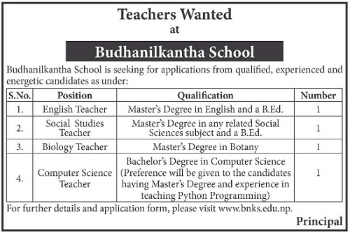 Budhanilkantha Secondary School Vacancy for Teachers