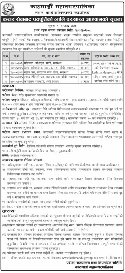 Kathmandu Metropolitan City Vacancy Notice for Health Services