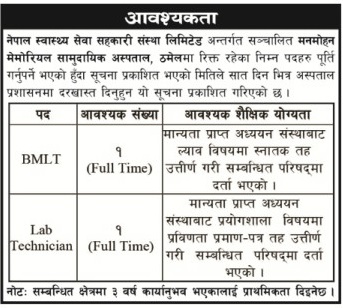 Manmohan memorial Community hospital Thamel Vacancy
