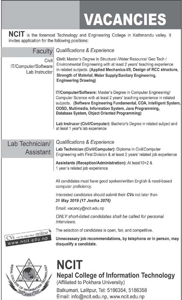 Nepal College of Information Technology NCIT Job Vacancy