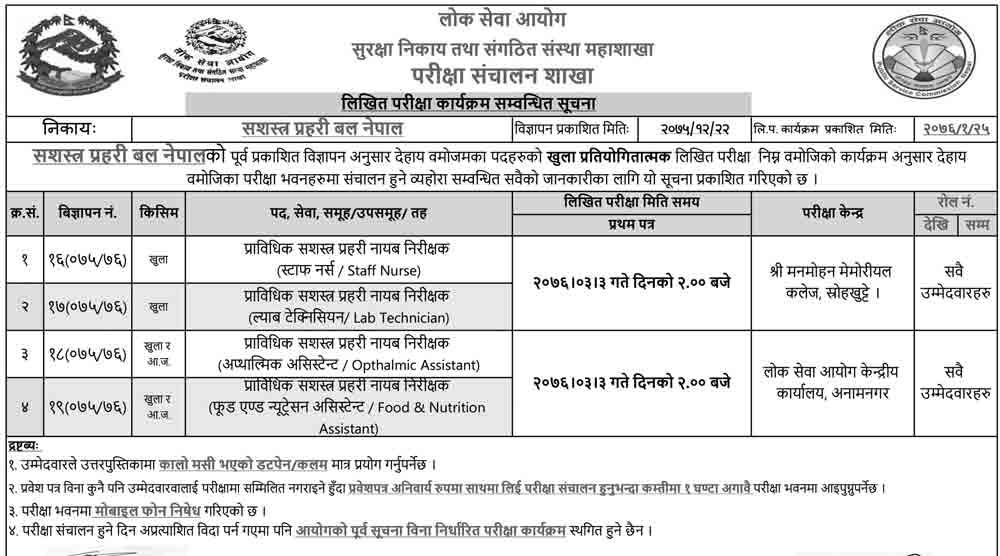 Sub Inspector Technician  APF Nepal Written Examination Center