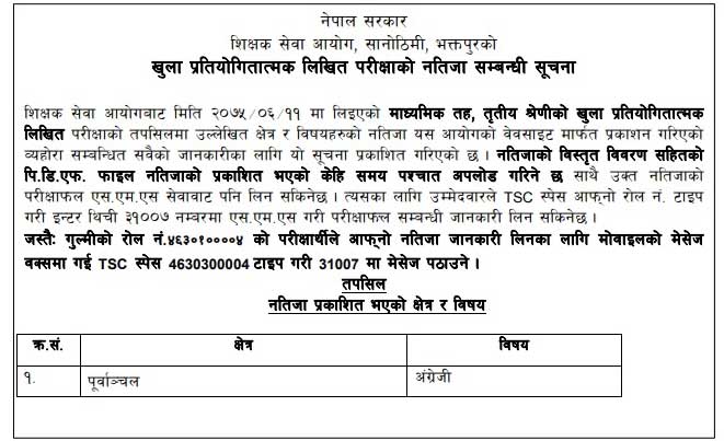 TSC Secondary English Result of Purbanchal