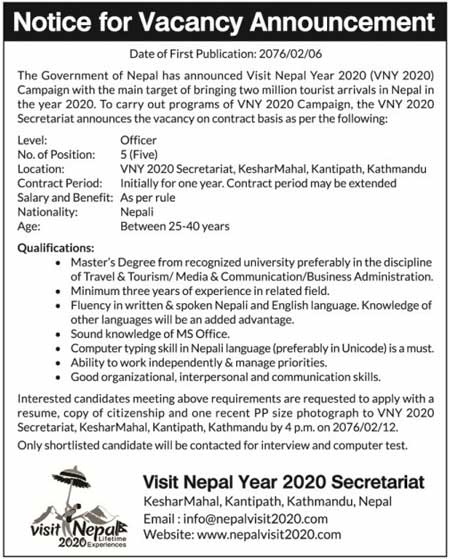 Visit Nepal Year 2020 Secretariat Vacancy