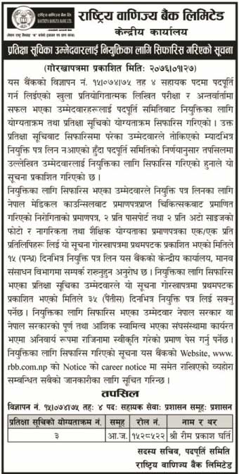 rastriya banijjya bank publishedresult of waiting list candidates