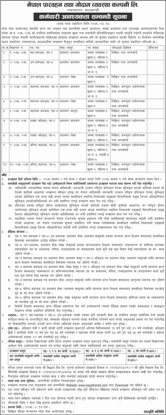 Nepal Transit and Warehousing Company Limited Vacancy