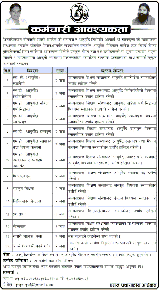 Patanjali Ayurved Medical College and Research Center Job Vacancy