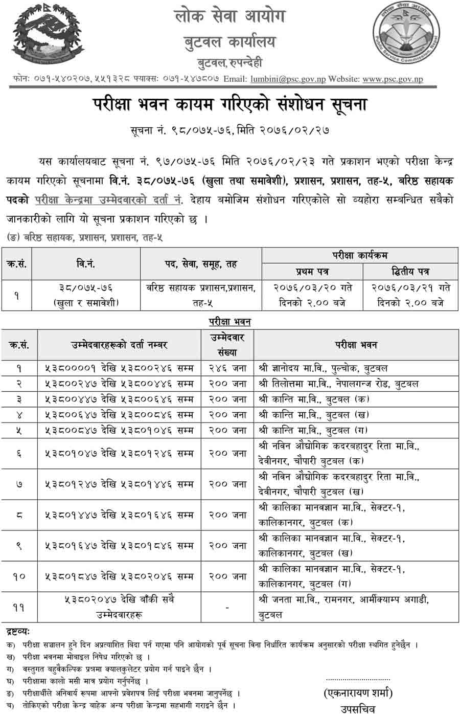 Rastriya Banijya Bank Butwal Exam Center of Various Positions - Modified