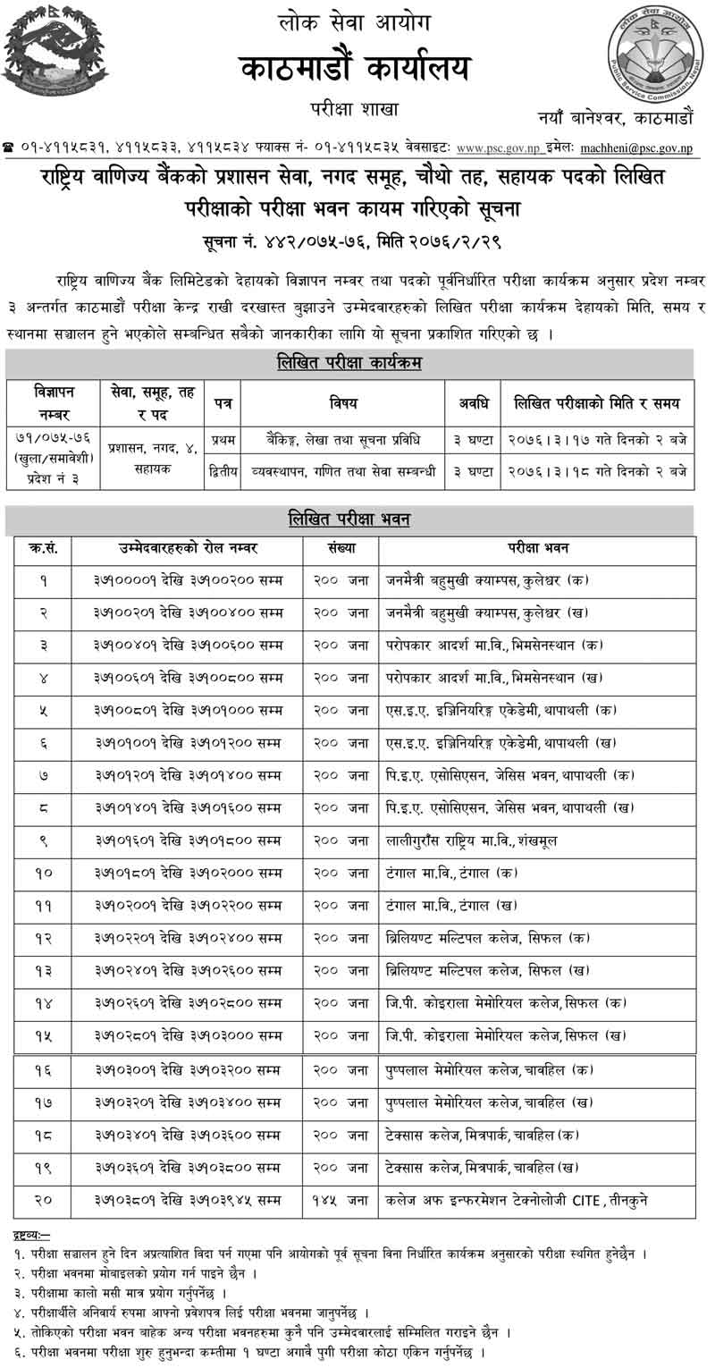 Rastriya Banijya Bank Kathmandu Exam Center of Assistant 4th Level