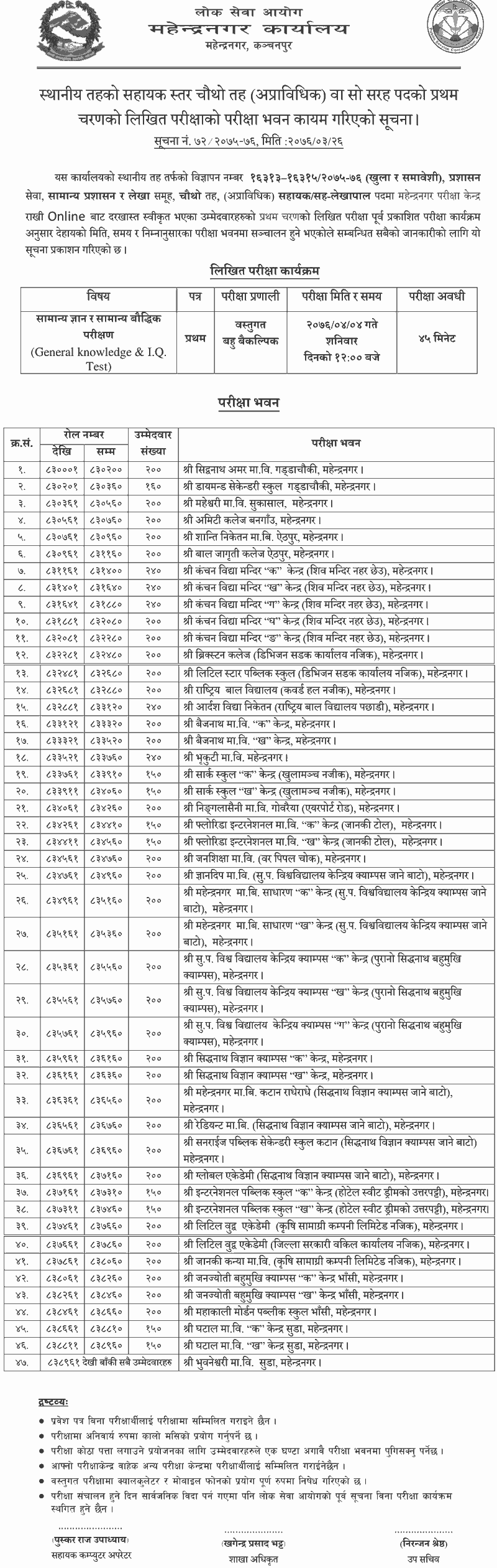 4th Level Written Exam Center -Maendranagar