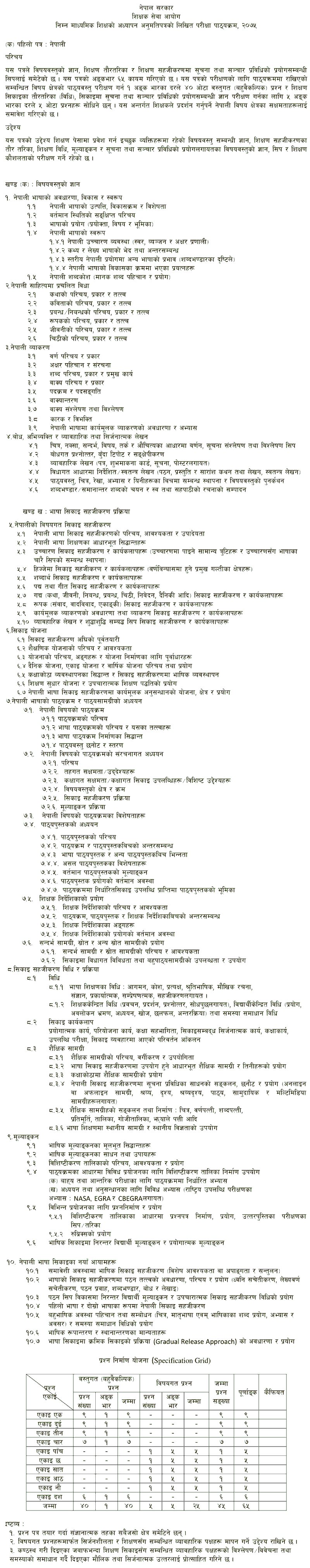 Basic Level Teachers License 6-8 Nepali curriculum - TSC