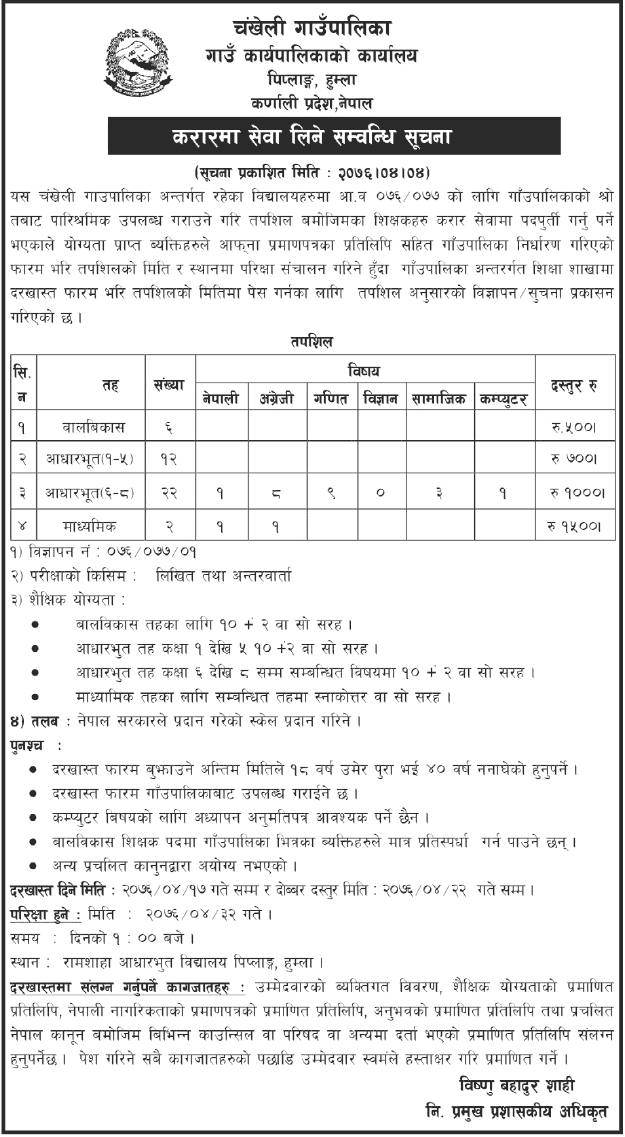 Chankheli Rural Municipality Vacancy for Teachers