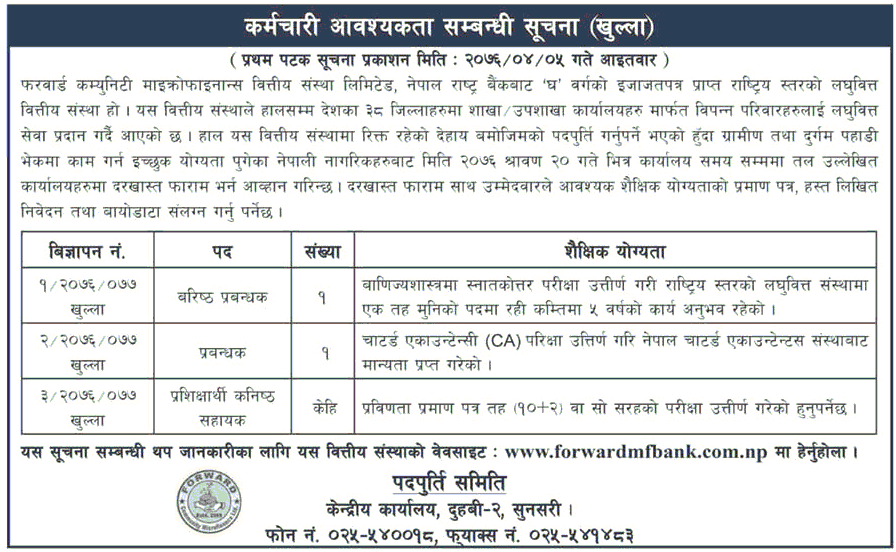 Forward Community Microfinance Bittiya Sanstha Limited Vacancy