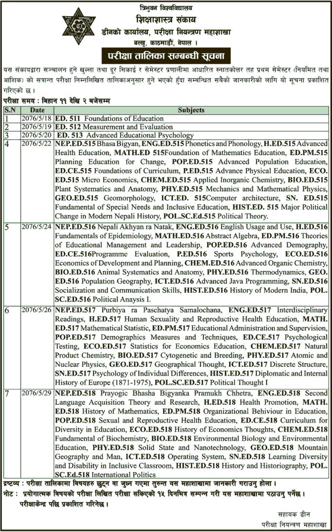 Open and Distance Learning Master Degree First Semester Exam Routine - TU