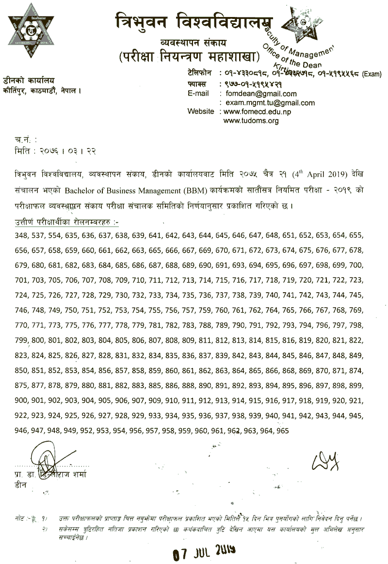 TU Published Result of BBM 7th Semester