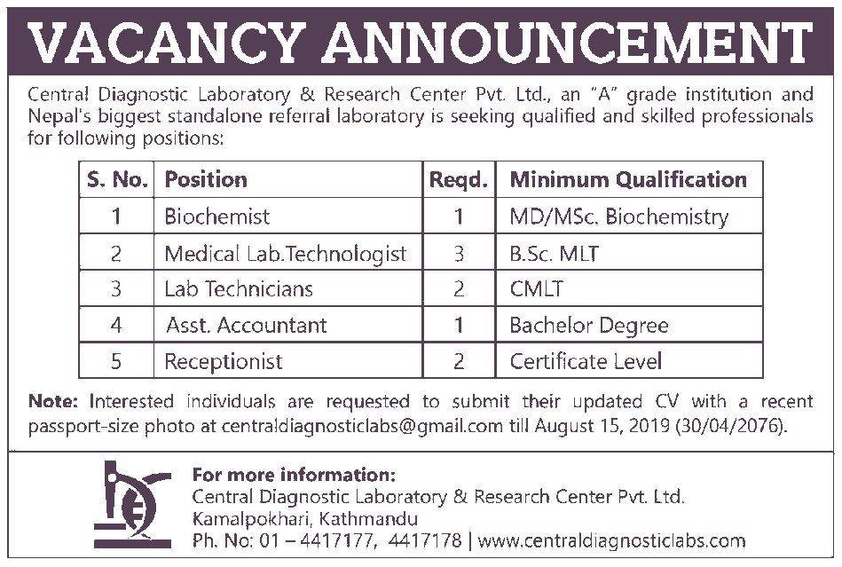 Central Diagnostic Laboratory and Research Center Vacancy