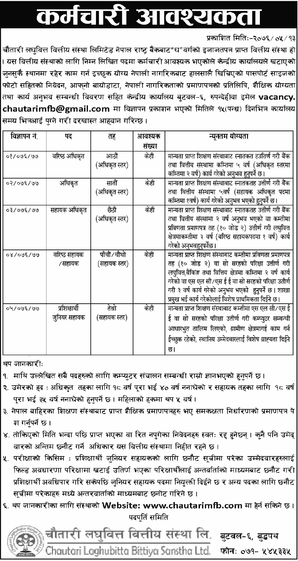 Chautari Laghubitta Bittiya Sanstha Limited Vacancy