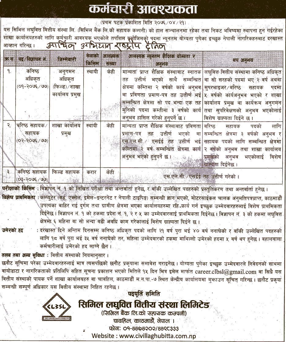 Civil Laghubitta Bittiya Sanstha Limited Vacancy