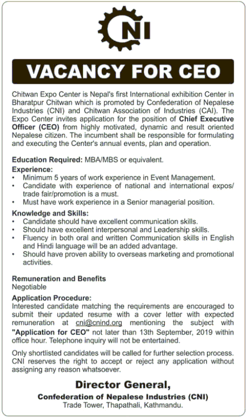 Confederation of Nepalese Industries Vacancy for CEO