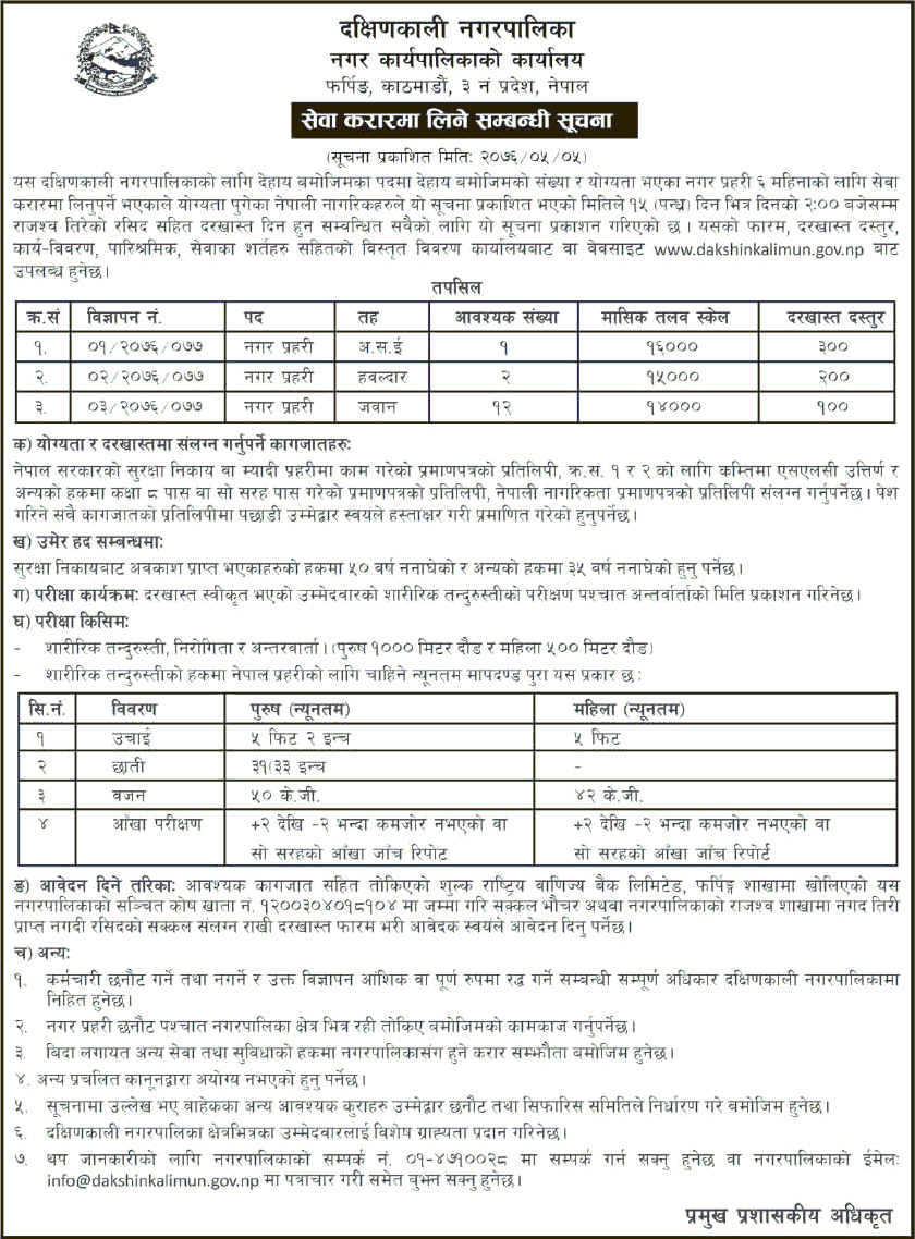 Dakshinkali Municipality Vacancy Notice