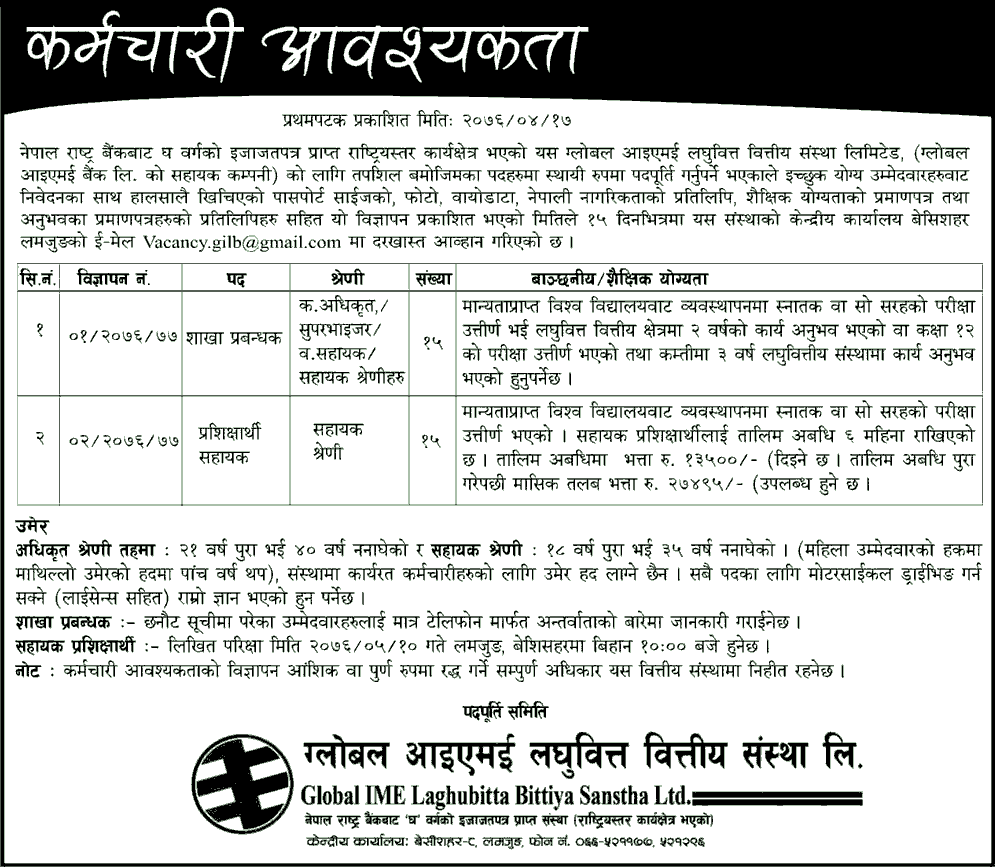 Global IME Laghubhitta Bittiya Sanstha Limited Vacancy