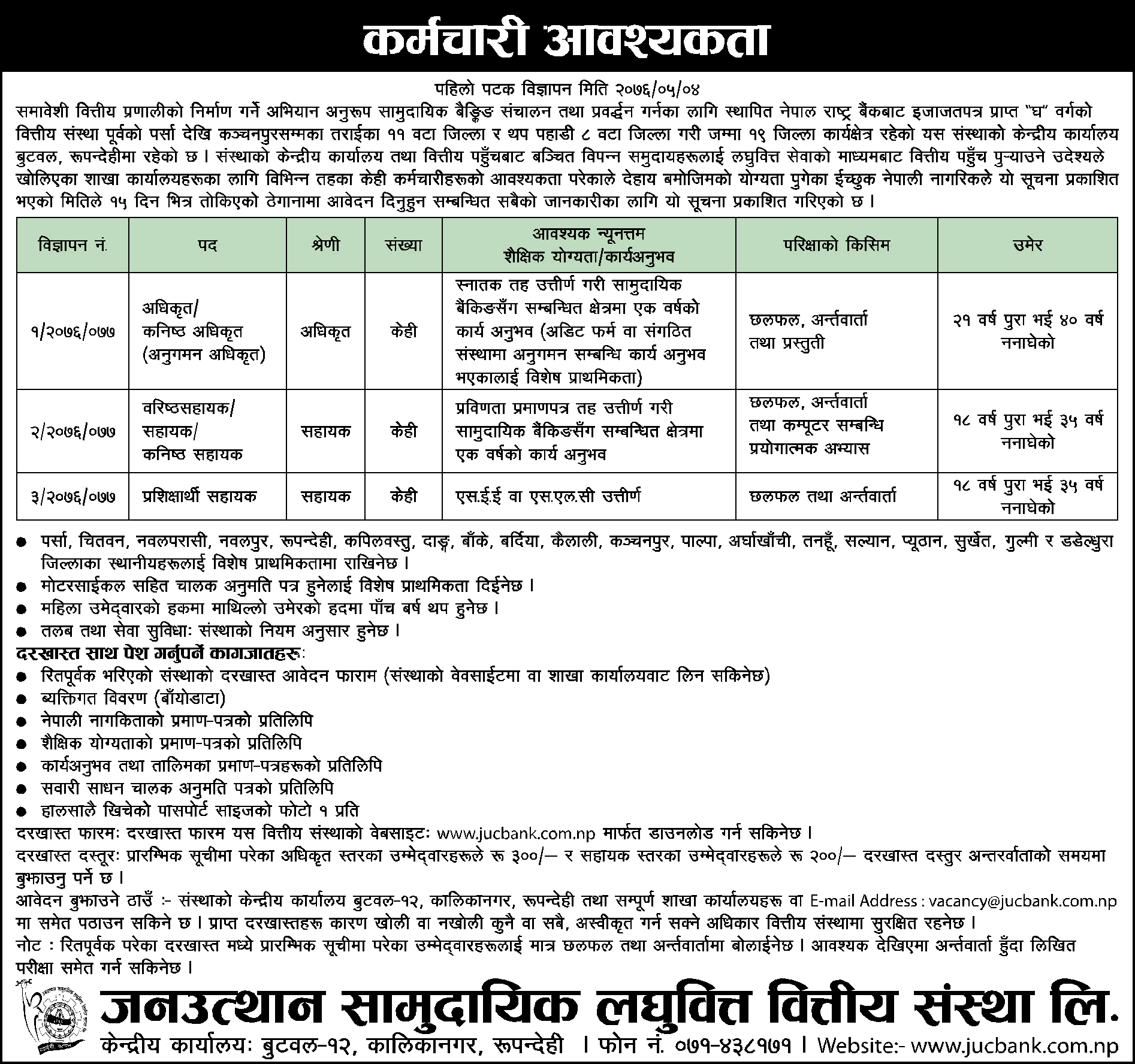Janautthan Samudayik Laghubitta Bittiya Sanstha Job Vacancy