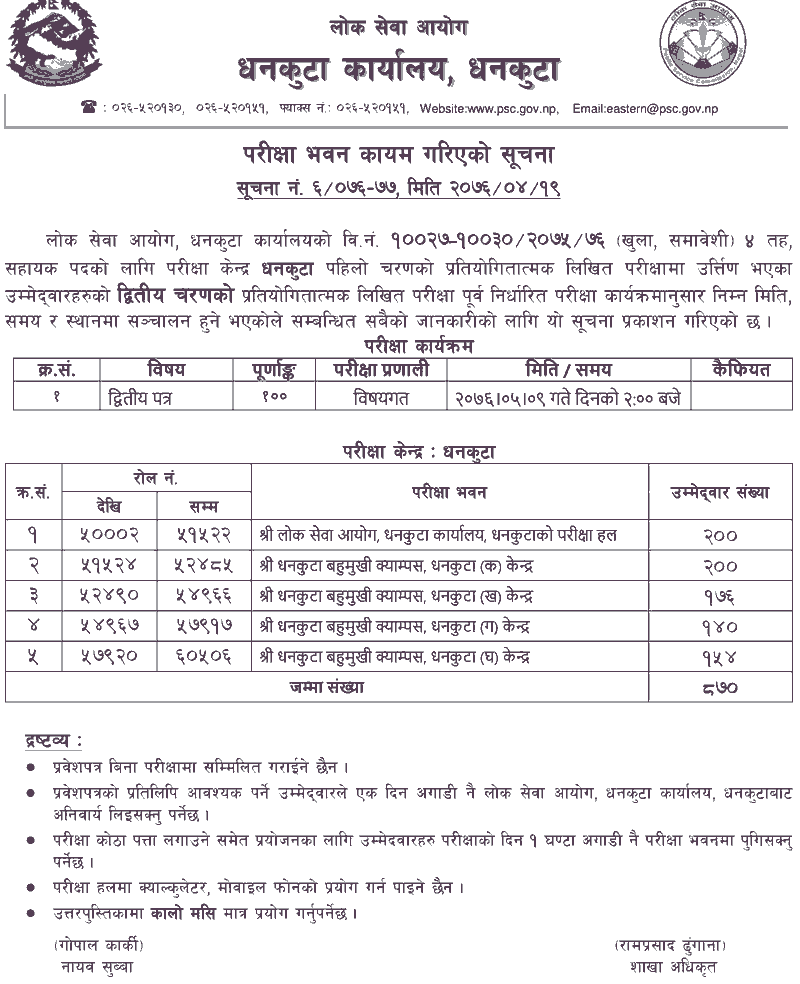 Lok Sewa Aayog 4th Second Phase Written Exam Center - Dhankuta