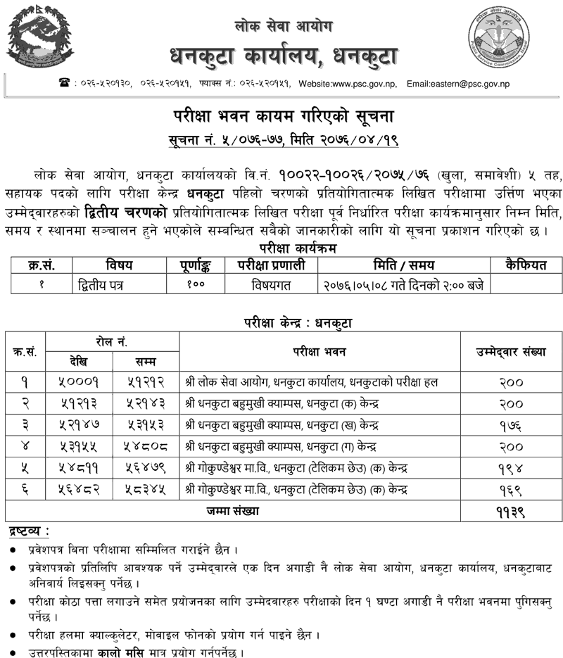 Lok Sewa Aayog 5th Second Phase Written Exam Center - Dhankuta