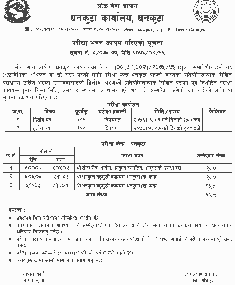 Lok Sewa Aayog 6th Level Second Phase Written Exam Center - Dhankuta