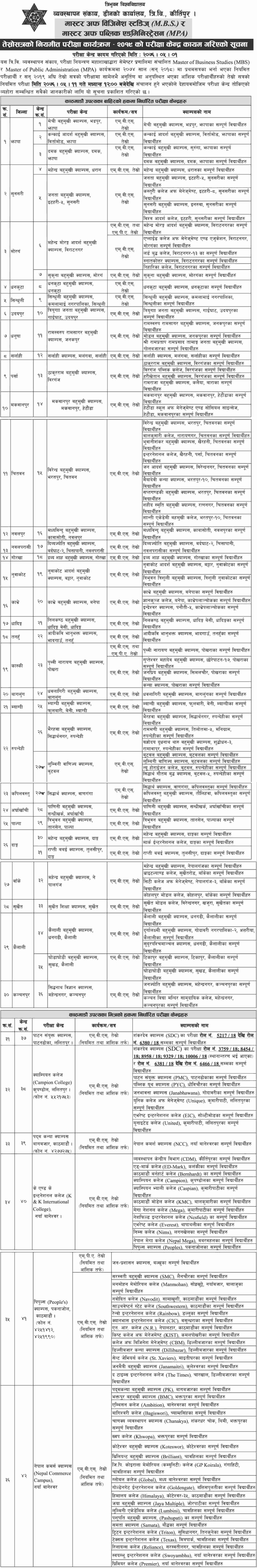 MBS and MPA Third Semester Exam Center 2019 - Tribhuvan University