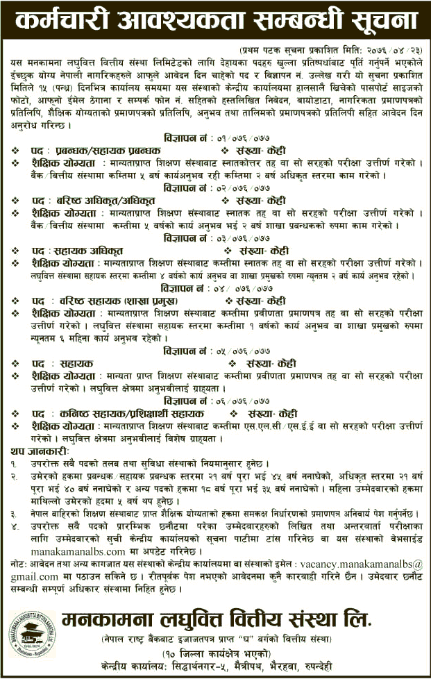 Manakamana Labhubitta Bittiya Sanstha Vacancy for Various Positions