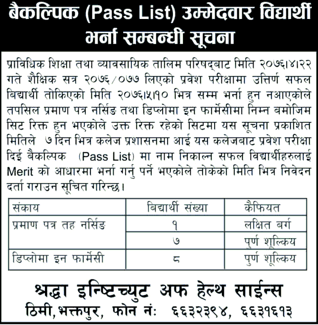 PCL Nursing and D. Pharmacy Admission at Shradha Institute of Health Sciences