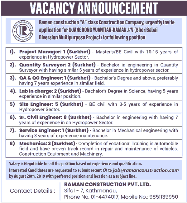 Raman construction Job Vacancy Various Positions